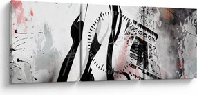 Obraz - Dama i Wieża Eiffla (z zegarem) (90x30 cm)