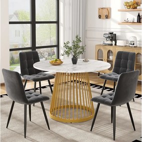 Zestaw 5 stołów i krzeseł do jadalni - 80 x 80 x 76 cm - blat stołu MDF + 4 krzesła welurowe - MDF + Metal - biały