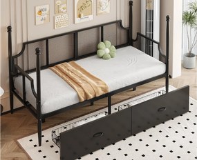 Kanapa rozkładana z kutego żelaza 90x200 cm - z 2 szufladami - konstrukcja metalowa - z komorą przechowawczą - czarny