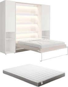 Łóżko chowane w szafie pionowe 160 x 200 cm - 2 kolumny do przechowywania - Z oświetleniem LED - Beżowe + Materac - RAPILI