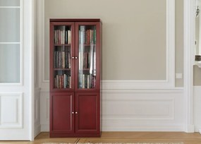 Klasyczna szafa biurowa z przeszklonymi górnymi drzwiami, dolne drzwi pełne. Fronty wykończone płyciną, drzwi zamykane na kluczyk, podwyższony cokół, wewnątrz regulowane półki. Wymiary szafy 80x40x200 cm.