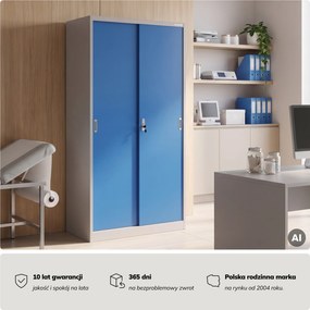 Szafa metalowa biurowa z drzwiami przesuwnymi szaro-niebieska, 900x1850x400 mm: KUBA