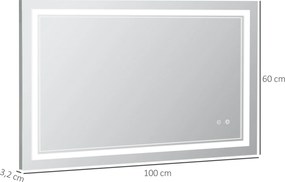 kleankin Lustro Łazienkowe LED Wodoodporne Srebrne Nowoczesne z Oświetleniem 100x60x32cm | Aosom PL