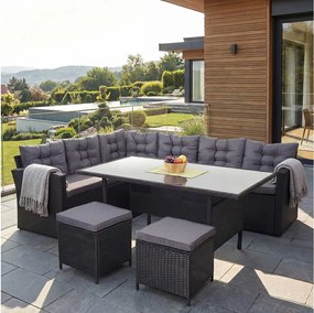 Zestaw z polirattanowy MCW-A29 + 2x stołek,  poduszki ciemnoszare, z 2 stołkami