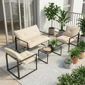 Zestaw mebli ogrodowych Outsunny: 1 stół z hartowanego szkła, 2 fotele, 1 sofa, odporne na warunki atmosferyczne, 114 cm x 70 cm x 67 cm, Szary+Beżowy