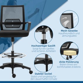 Vinsetto Krzesło biurowe, regulowane krzesło biurkowe z podnóżkiem, oparcie z siatki, na kółkach, tworzywo sztuczne, Czarne