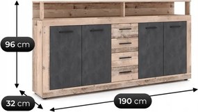 Komoda Czterodrzwiowa BLAGO 190 cm Surowy Dąb/Czarny Loft