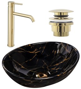 Zestaw Sofia black marble + bateria wysoka Lungo gold + korek uniwersalny złoty