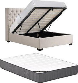 Łóżko ze skrzynią  160 x 200 cm z pikowanym wezgłowiem - Tkanina - Beżowy + Materac - MASSIMO II