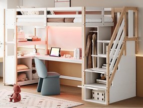 Łóżko na antresoli 90×200 cm - z szafą i biurkiem - drabina z miejscem do przechowywania - z gniazdkami i oświetleniem LED - Naturalny