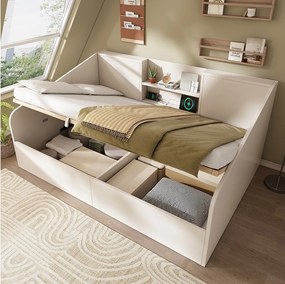 Sofa dziecięca rozkładana - 140 x 190 cm - z hydraulicznym schowkiem + 2 półki + USB/Typ-C - drewno - biała