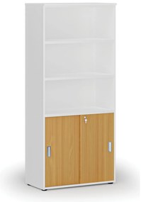 Szafa biurowa kombinowana PRIMO WHITE, drzwi przesuwne na 2 poziomach, 800 x 420 x 1781 mm, biały/buk