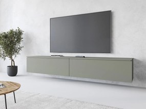 Nowoczesna szafka RTV 180 cm do salonu – 2-drzwiowa, bezuchwytowa, matowa, stojąca lub wisząca, mglista zieleń