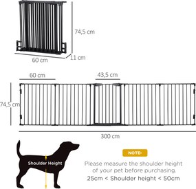 PawHut 2 w 1 Ogrodzenie dla Zwierząt Domowych, Wybieg dla Szczeniąt, Brama Bezpieczeństwa, Składany, Metal, 300 x 3 x 74,5 cm, Czarny