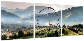 Obraz - wieś we mgle (z zegarem) (90x30 cm)