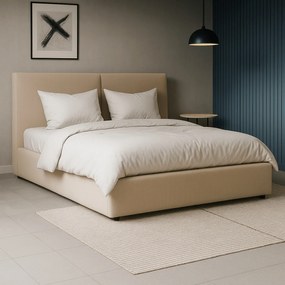 Łóżko Tapicerowane 140x200 cm MARSYLIA ze Stelażem i Pojemnikiem Dwuosobowe Sztruksowe Beżowe