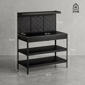 HOMCOM Stacja robocza z regulowanymi półkami, solidna stacja robocza z perforowaną płytą i 2 szufladami, 122 x 61 x 156 cm, Czarna | Aosom PL