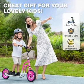 AIYAPLAY Hulajnoga dziecięca z regulowaną kierownicą, dużymi kołami, stojakiem do parkowania, hamulcem ręcznym, dla dzieci w wieku 5-12 lat, różowa