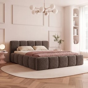 Łóżko Tapicerowane 140x200 cm VELMO z Pojemnikiem Brązowe Boucle Japandi