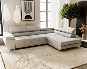 Emporius Sorlo narożnik z funkcją spania i pojemnikiem - regulowane zagłówki, prawostronny, tkanina aksamitna, jasny szary (Amor Velvet 4318)