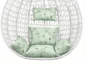 Białe wiszące krzesło KOKON bez stojaka, jasnozielona poduszka ze wzorem