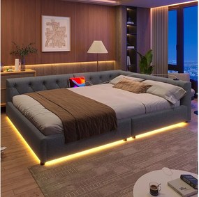 Łóżko dzienne 140 x 200 cm - łóżko dwuosobowe z oświetleniem LED i interfejsami USB i Type-C - len w kolorze szarym - materac nie jest wliczony w cenę