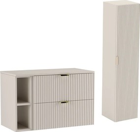 Kaszmirowy Zestaw Łazienkowy 100cm Szafka Blat Regał Słupek Ryflowane Fronty