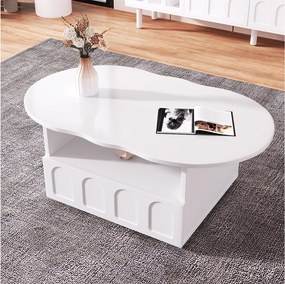 Stolik kawowy z szufladą i przegródką - 100 x 60 x 39,2 cm - Płyta wiórowa - Kształt chmurki - Kolor biały