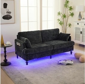 Sofa 2-osobowa z oświetleniem LED i portem USB, drewniane nogi - tkanina szenilowa czarna