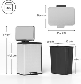 HOMCOM Kosz na śmieci 20 L z pedałem i pokrywą soft-close, wyjmowany wkład, srebrny, 34,2 x 30,6 x 44,2 cm