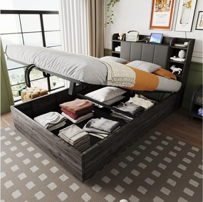 Łóżko z pojemnikiem 140x200 cm, zagłówek ze schowkiem i portem USB, szare drewno - bez materaca