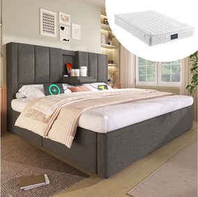 Łóżko tapicerowane dwuosobowe ze schowkiem - 160 x 200 cm - z ukrytym uchwytem na kubek i stacją ładującą - len - szare (z materacem)