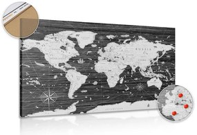Obraz na korku czarno-biała mapa na drewnianym tle