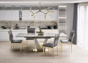 Stół Valentinko 160-220 cm – rozkładany, prostokątny z blatem ceramicznym i MDF lakierowanym w jasnym popielu złote wstawki