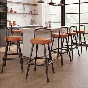Zestaw 6 krzeseł barowych - 37 x 37 x 90,5 cm - z oparciem i podnóżkiem - skóra ekologiczna i nogi z żelaza - brązowe
