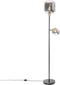 Lampa podłogowa czarna ze złotem i dymionym szkłem 2-światła - Zuzanna