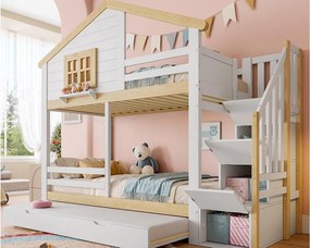 Łóżko piętrowe 90×200 cm - z barierkami - z łóżkiem schowkowym - schodami z miejscem do przechowywania - biały + naturalny (materac nie jest zawarty)