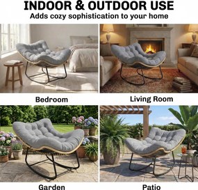 Outsunny Rattanowy Bujany Fotel Ogrodowy z Grubą Poduszką, Krzesło Ogrodowe do 120 kg Indoor Outdoor 87 x 110 x 70 cm Szary | Aosom PL