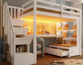 Łóżko mezzanine dla dzieci 90x200 cm - z biurkiem i półką - 2 szuflady - schody do przechowywania - białe (bez materaca)