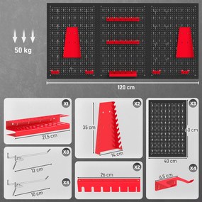 HOMCOM System przechowywania, tablica narzędziowa 60 x 40 cm, 28 elementów, z haczykami i półkami, czerwono-czarny | Aosom PL