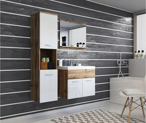 Zestaw mebli łazienkowych, komplet wiszący z umywalką, lustrem i słupkiem, korpus wotan fronty biały połysk