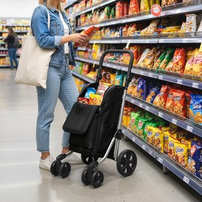 HOMCOM Wózek na zakupy, torba 46 litrów, składany wózek z kieszenią chłodzącą, regulowany uchwyt, rama aluminiowa, czarny | Aosom PL
