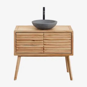 Zestaw Mebli Łazienkowych Z Drewna Deleyna Naturalna & Okrągły Szary Cement Ø40 Cm Tarsis & Bezlusterkowiec & Czarny - Sklum