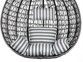 Czarne wiszące krzesło KOKON bez stojaka, biało-szara poduszka