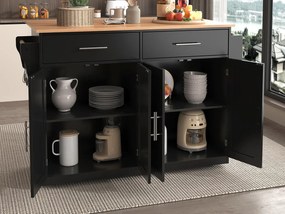 Wyspa kuchenna - 2 szuflady i 4 przegrody - nogi na kółkach lub drewniane - Czarna