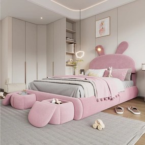 Łóżko pojedyncze 140 x 200 cm - Łóżko dziecięce z dwiema ławkami ze schowkiem i ciepłą taśmą świetlną - różowy aksamit - bez materaca