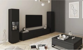 Meblościanka do salonu z oświetleniem LED, zestaw wisząco-stojący z szafką RTV 180 cm, witryną i słupkiem, korpus czarny mat