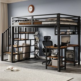 Łóżko piętrowe żelazne - 120 x 200 cm - ze schodkami do przechowywania + biurko i półka - żelazo + płyta wiórowa - czarne