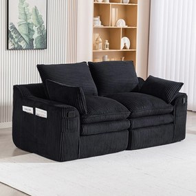 Modułowa sofa 2-osobowa w sztruksie - 191 x 94 x 85 cm - z 1 pufem + poduszki + 2 kieszenie - czarna