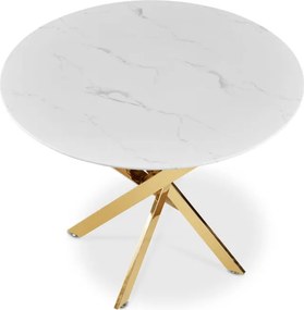 Stół Okrągły Szklany BALI 100 cm Biały Marmur/Złoty Glamour